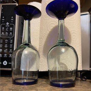Mexican Handblown Cobalt Blue Rim Green Glass Wine/Water Goblets - Set of 2